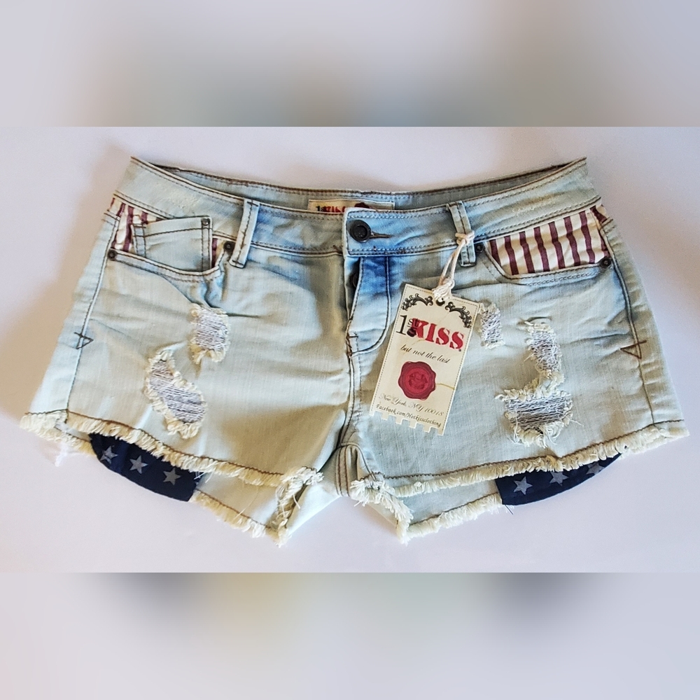 First Kiss Stars & Stripes Distressed Low Rise Short Shorts